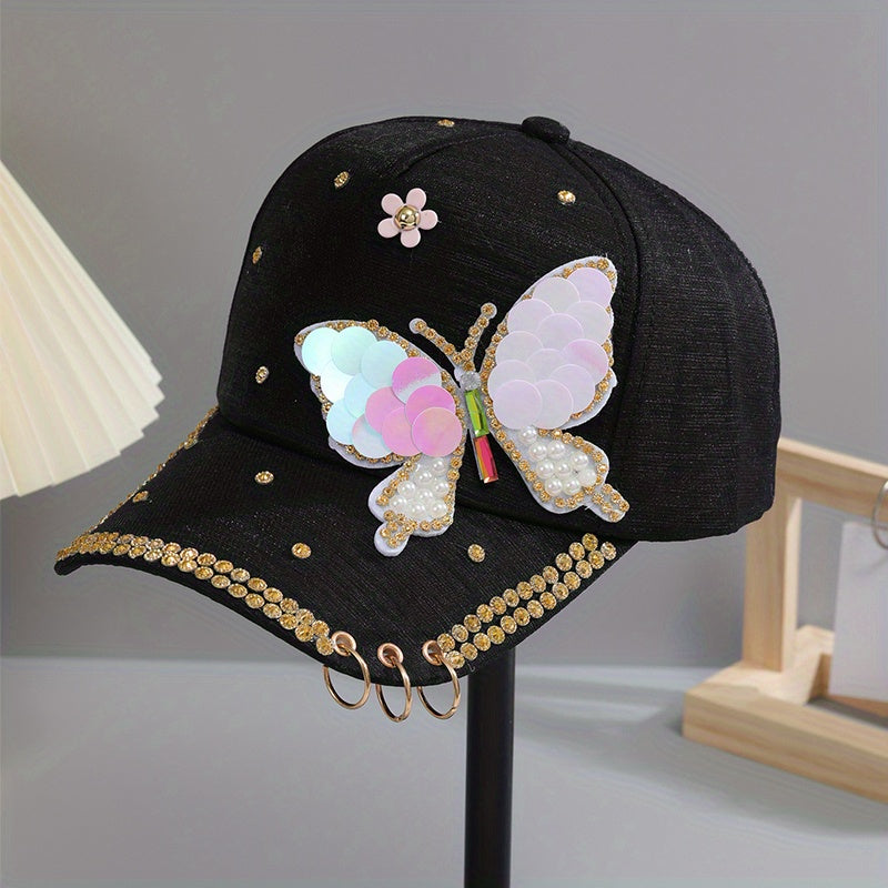 Y2K Butterfly Baseball Cap Rhinestone Sequin Pearl Cotton Hat