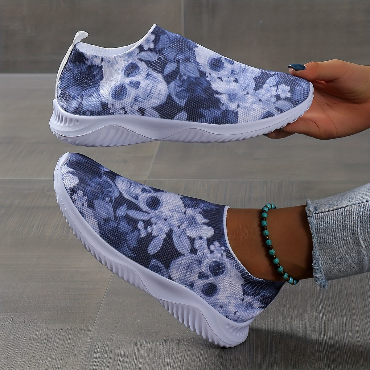 Women's Calavera Print Slip On Sneakers Low Round Toe Lightweight Shoes