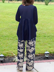  2 Piece Set Solid Top & Floral Print Pants Outfit