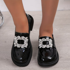 Rhinestone Chunky Heel Loafers Preppy Style Faux Leather Shoes