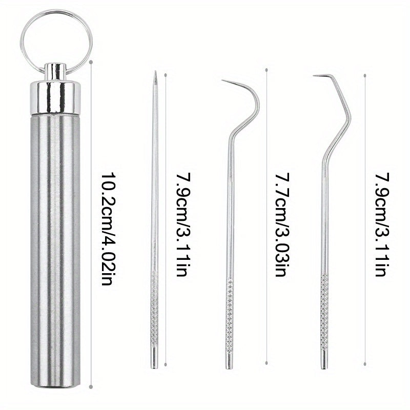 Stainless Steel Toothpick Set Dental Floss Tooth Remover Key Chain Cylinder