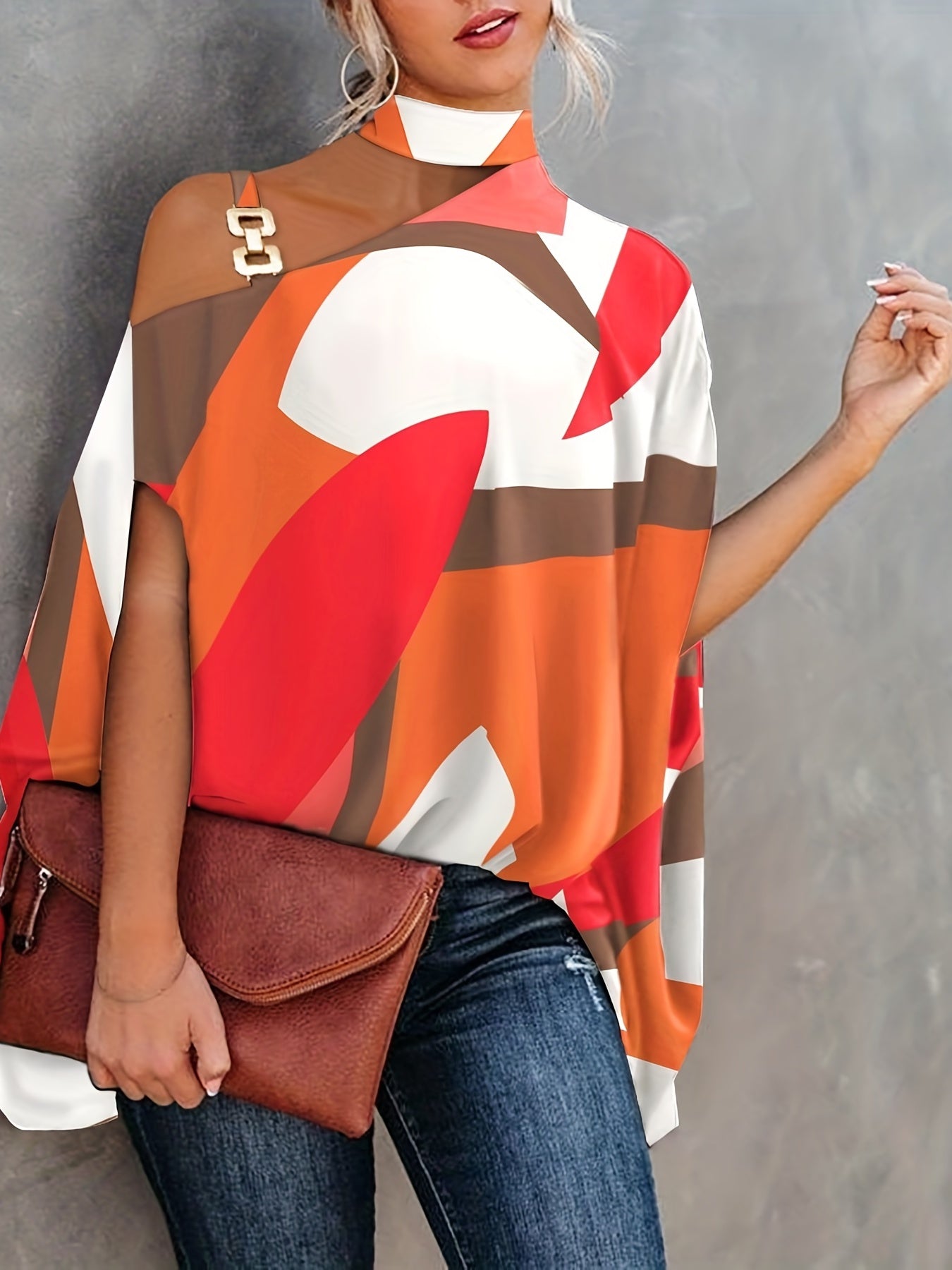  Colorblock Allover Print One Shoulder Blouse