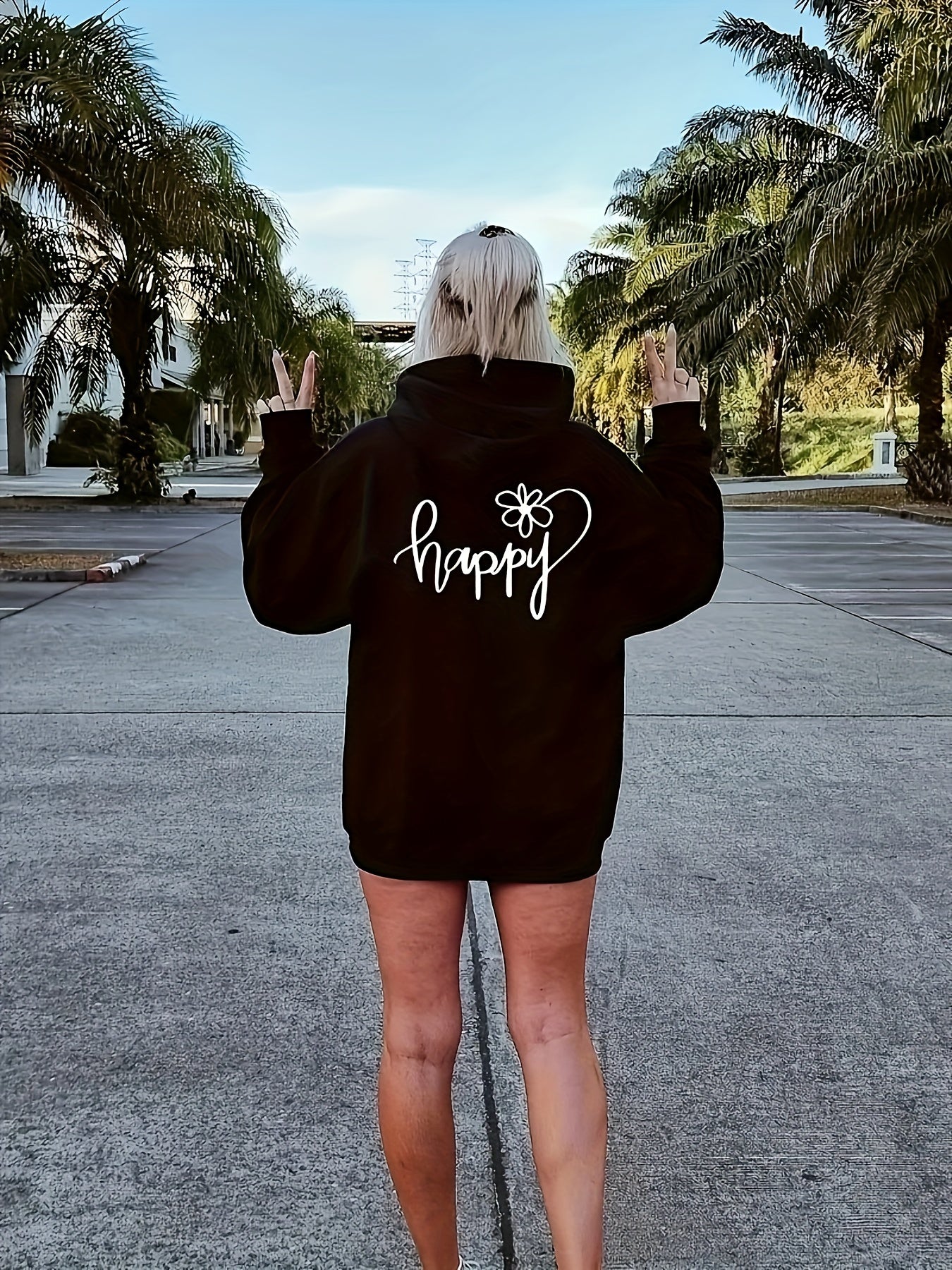 Happy Print Zip Up Hoodie Casual Sweatshirt for Women