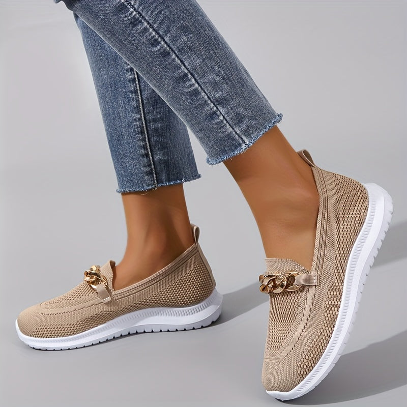 Women's Knitted Flat Shoes with Metal Chain Slip On Casual Walking Shoes