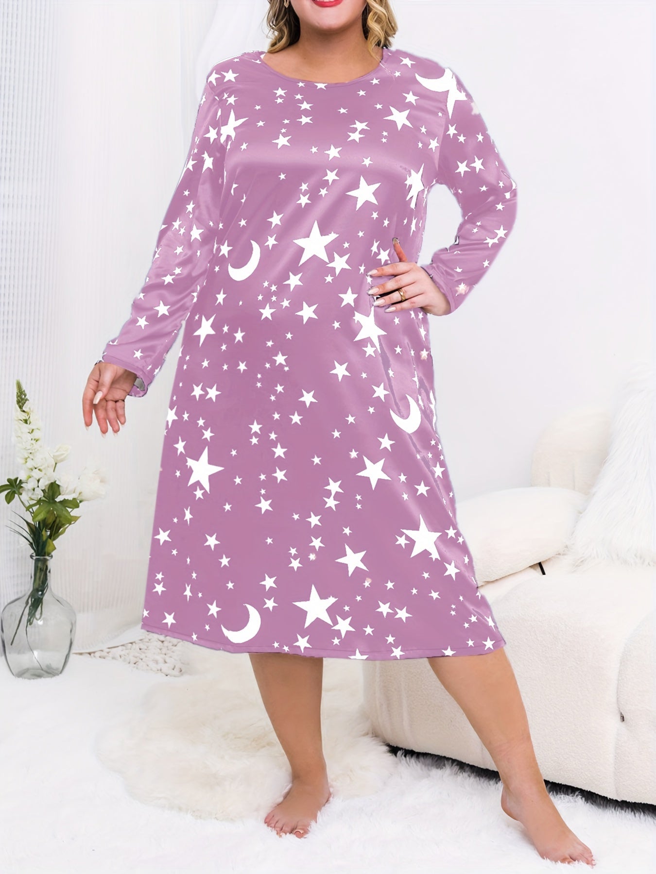  Star & Moon Print Long Sleeve Nightdress