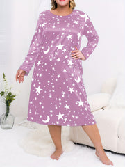  Star & Moon Print Long Sleeve Nightdress