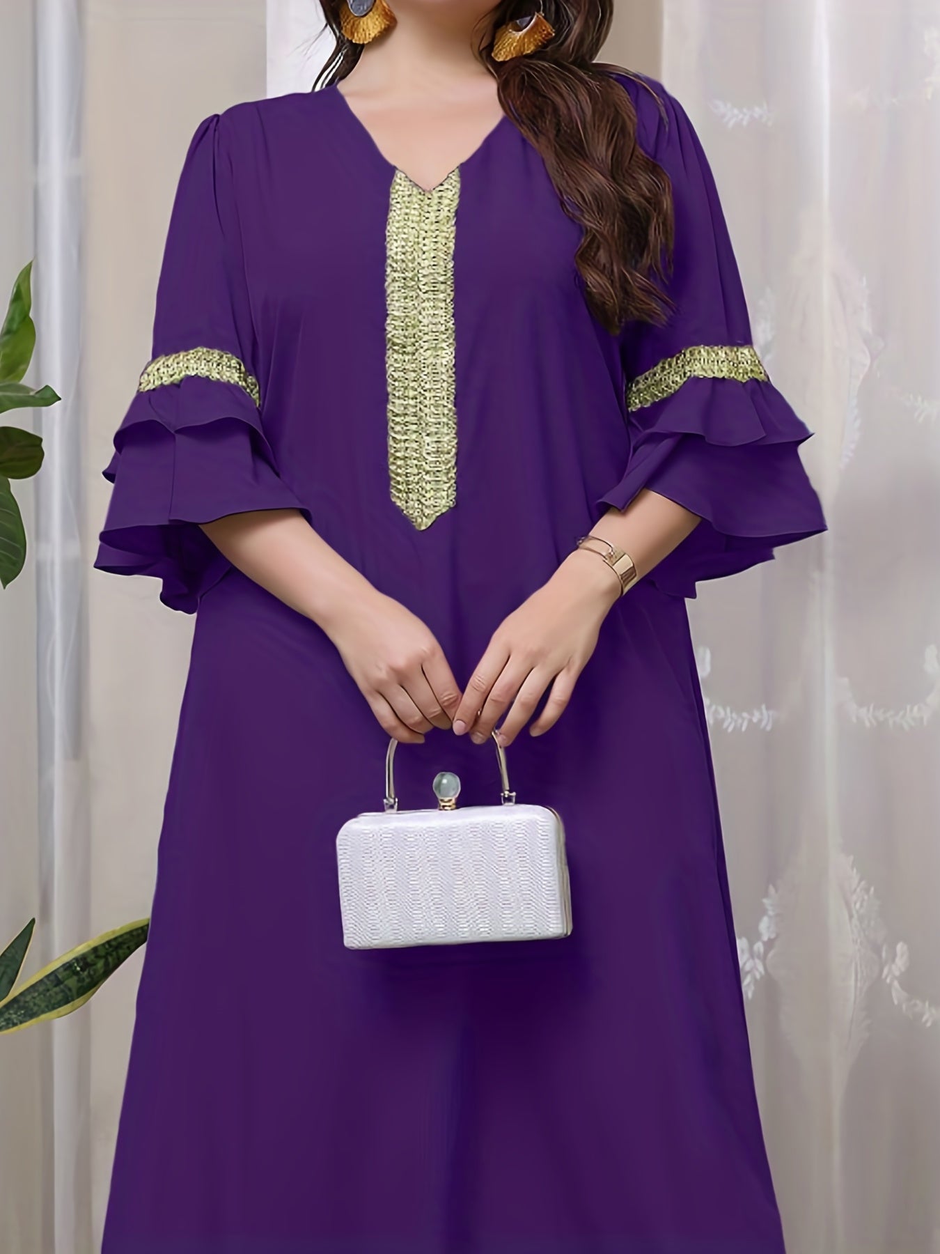  Abaya Dress Women's Plus Contrast Lace Panel Layered Sleeve V Neck Jal