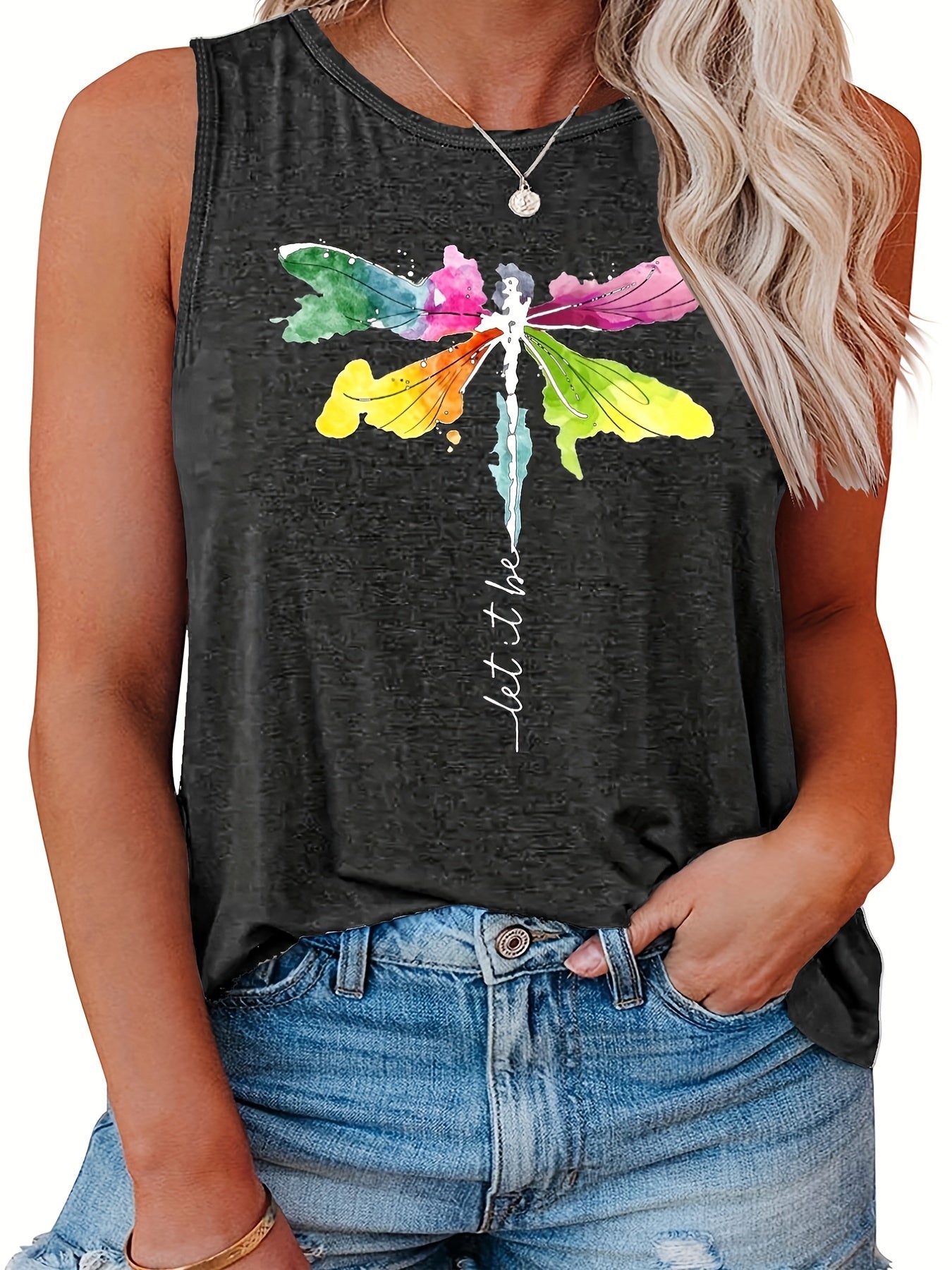  Dragonfly Print Tank Top Women's Slight Stretch Tank