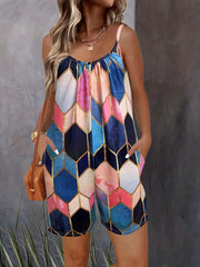 Geometric Print Spaghetti Romper Jumpsuit Sleeveless