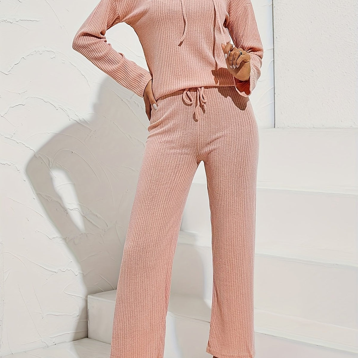  Ribbed Hoodie & Pants Two Piece Set