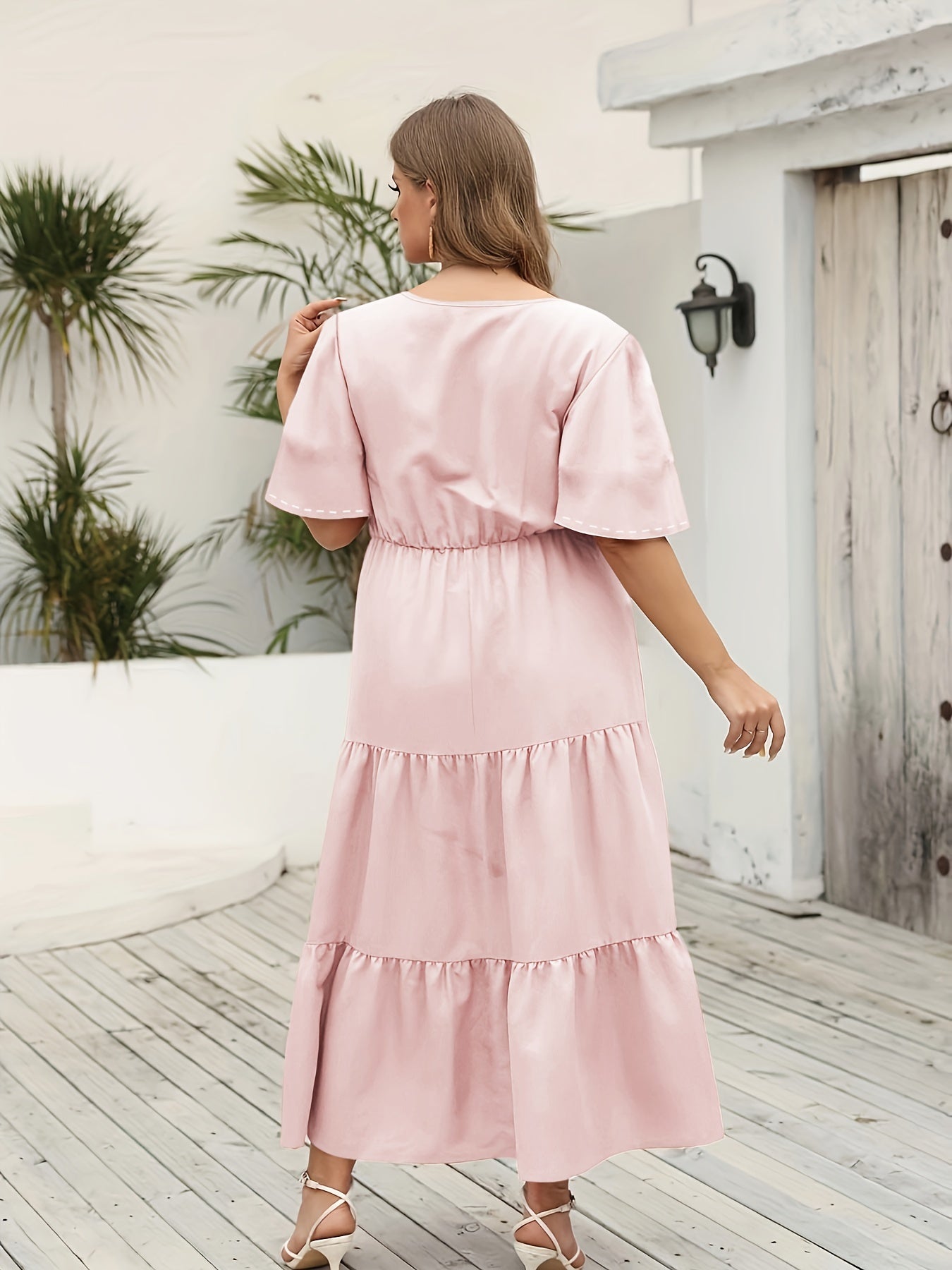  Solid Mini Pompom Decor Flutter Sleeve V Neck Smock Dress