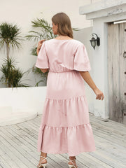  Solid Mini Pompom Decor Flutter Sleeve V Neck Smock Dress