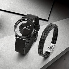 Men's Round Dial Quartz Watch & Letter Detail Bracelet Set