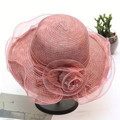 Organza Mesh Flower Sun Hat Striped Ruffles Bucket Hat
