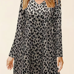  Leopard Print Long Sleeve V Neck Dress