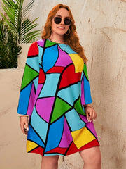  Colorblock Geometric Print Round Neck Tee Dress