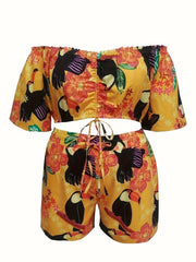  Boho Floral Off Shoulder Crop Top & Shorts Set