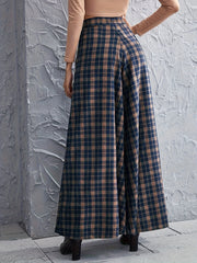  Plaid Print High Rise Wide Leg Trousers