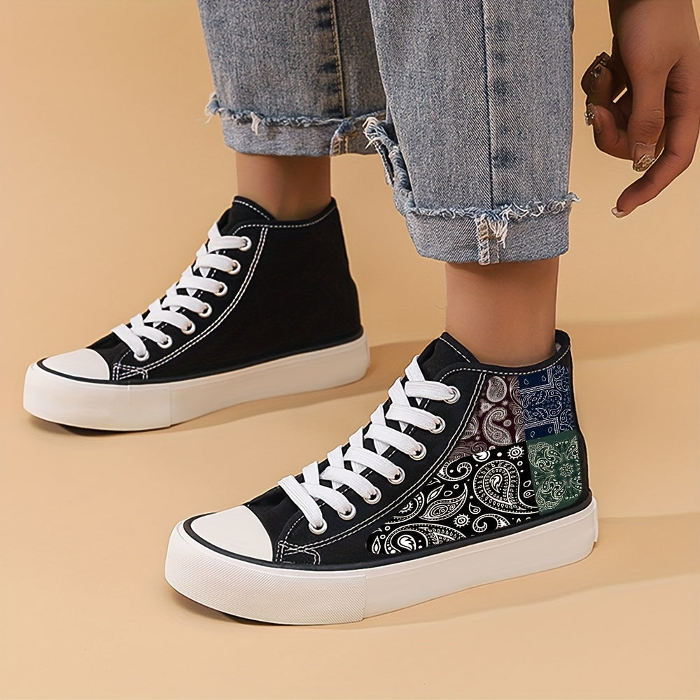 Paisley Pattern Canvas Sneakers High Top Lace Up Skate Shoes