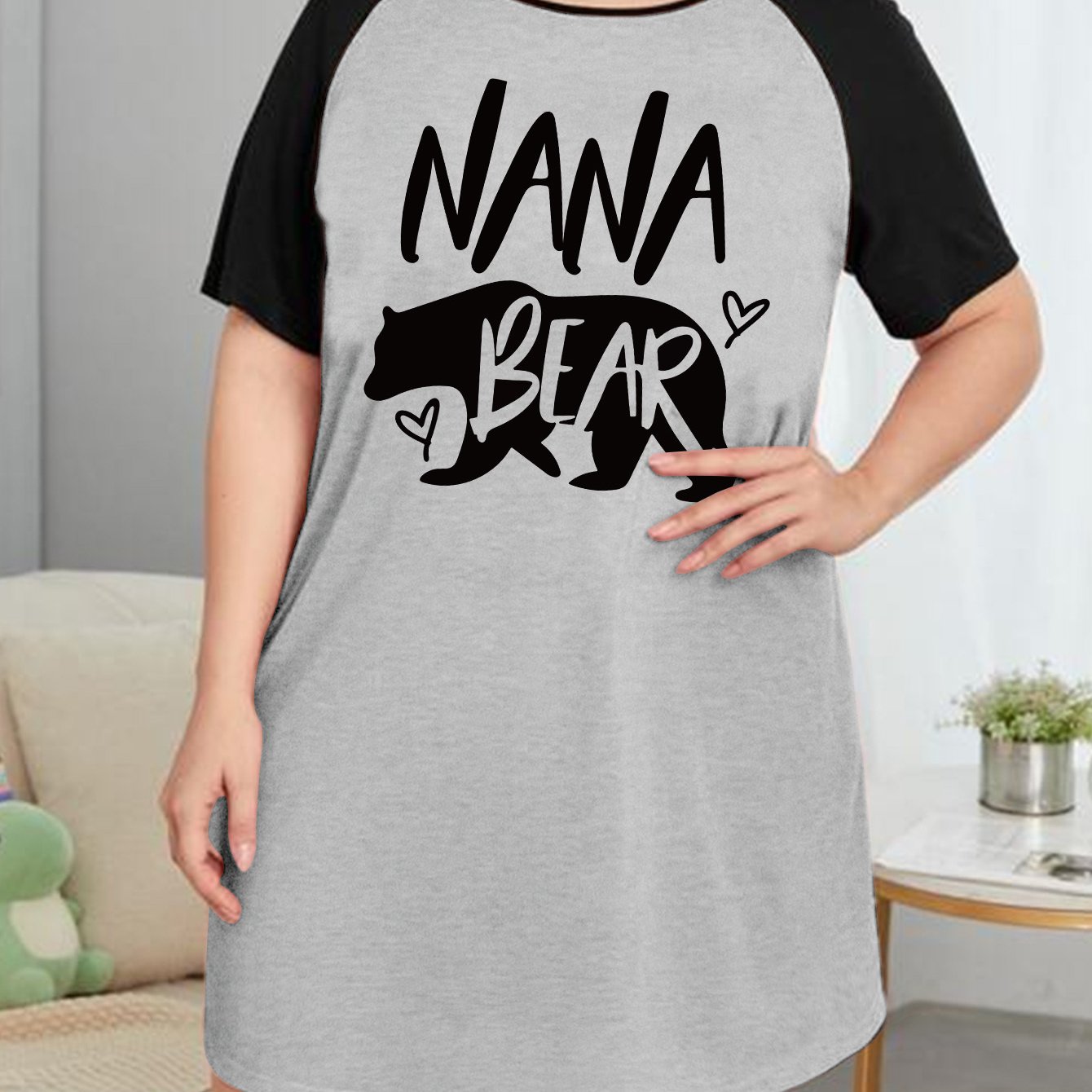  Nightdress Women's Plus Letter Bear & Heart Graphic Raglan Short Sl