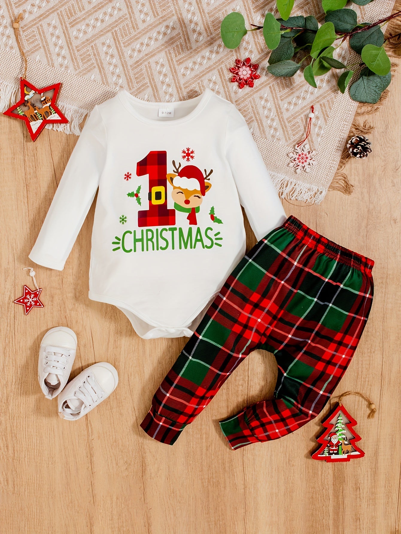 2pcs Baby Boys Christmas Elk Onesie Top and Plaid Footed Trousers Set