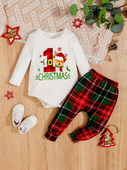 2pcs Baby Boys Christmas Elk Onesie Top and Plaid Footed Trousers Set