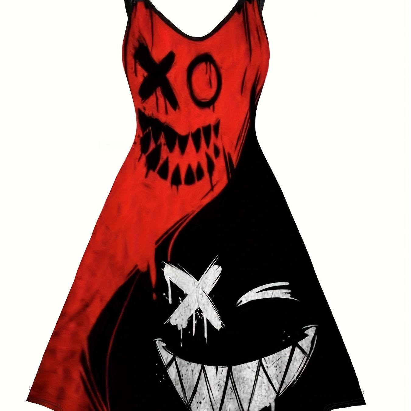 Halloween Goth Dress Colorblock Wing Print V Neck A Line Tank