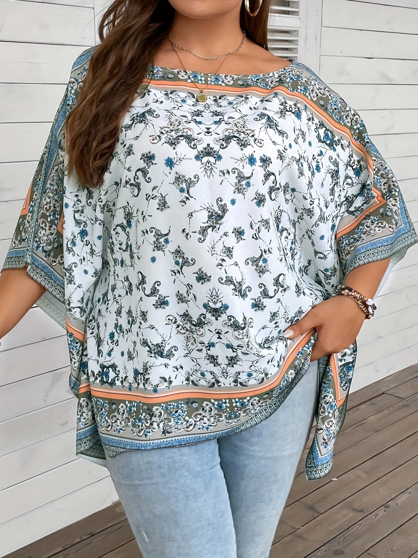  Boho Blouse Women's Plus Floral Print Batwing Sleeve