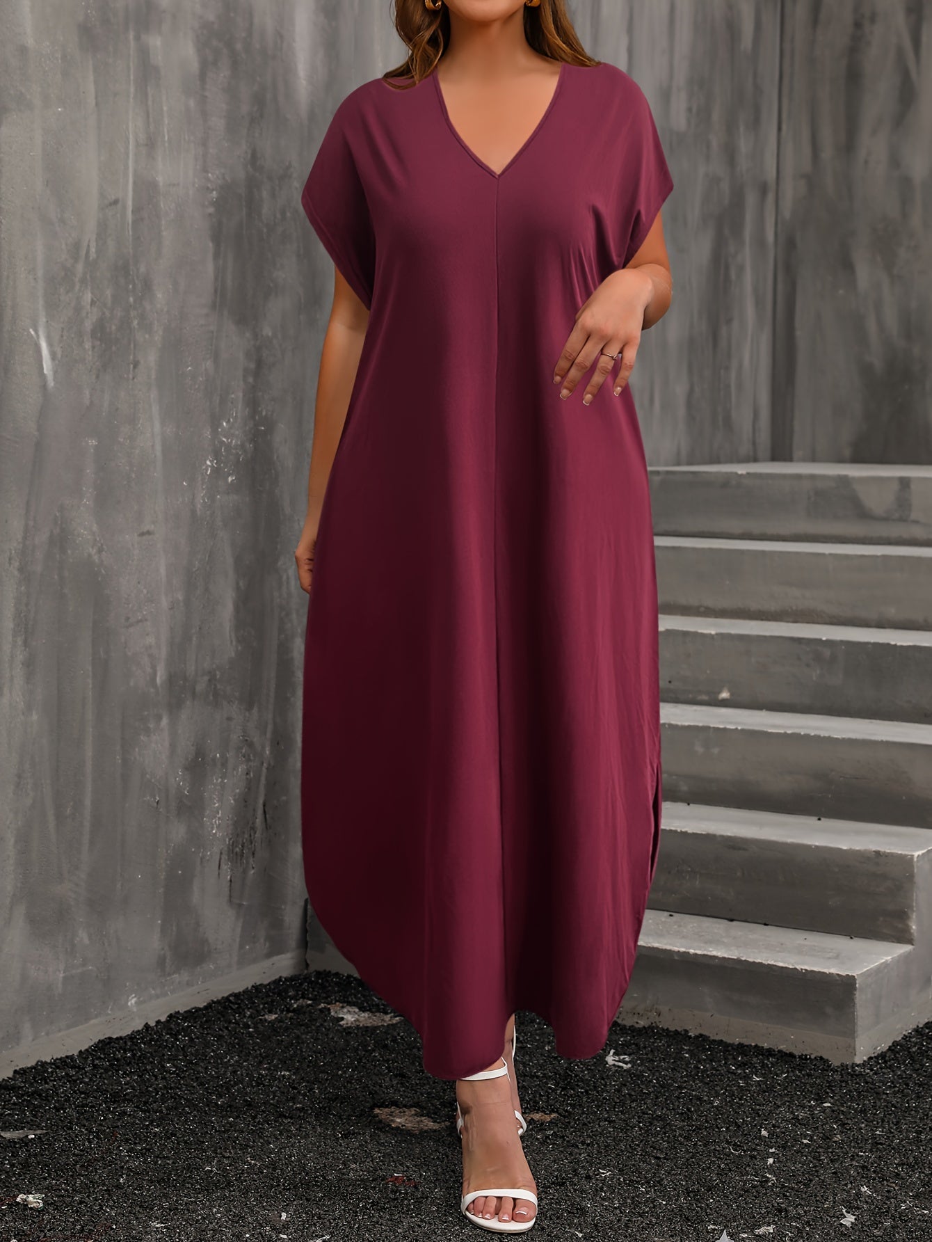  Casual Dress Women's Plus Solid Batwing Sleeve V Neck