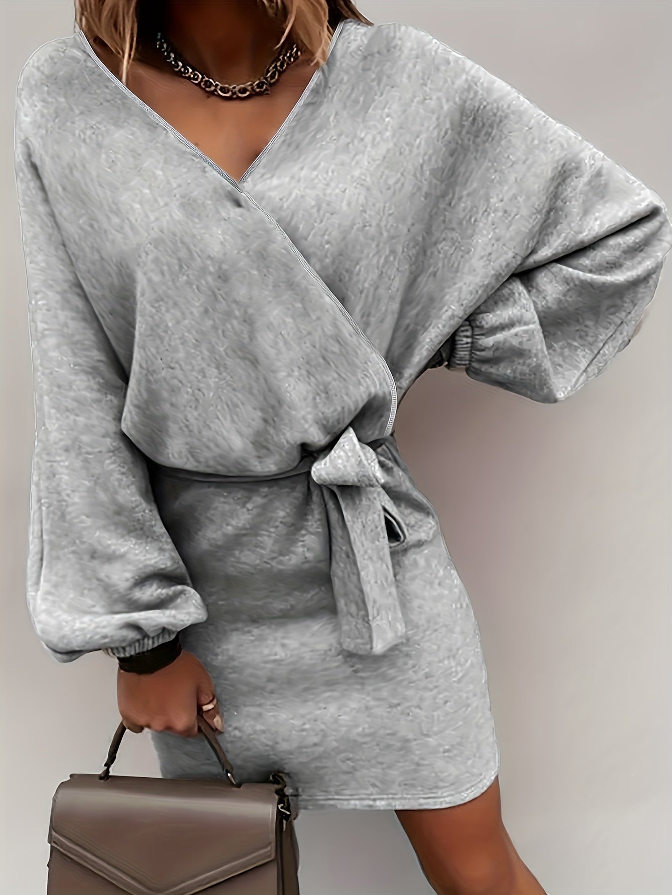  Solid Lantern Sleeve Mini Belted Dress