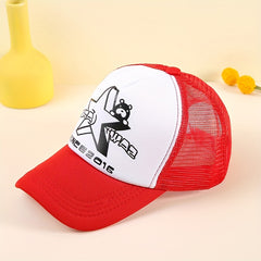 Cartoon Bear Print Trucker Hat Anime Mesh Baseball Cap Red