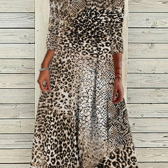  Leopard Print Three Quarter Sleeve Maxi Dress