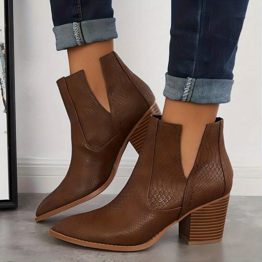 Women's Snakeskin Ankle Boots V cut Stacked Heels