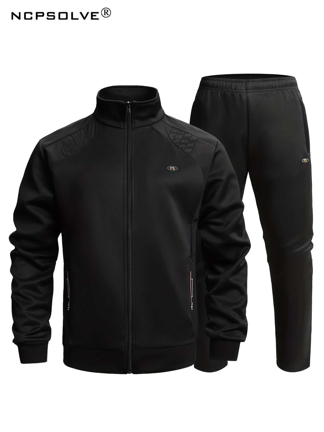 Men's Sports Suit Solid Block Stand Collar Zip Up Jacket & Stretch Waist Pants
