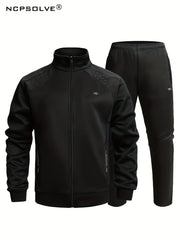Men's Sports Suit Solid Block Stand Collar Zip Up Jacket & Stretch Waist Pants