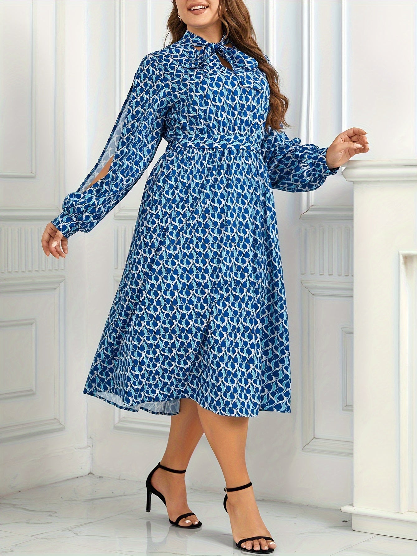 Women's Plus Allover Print Lantern Sleeve Midi Dress