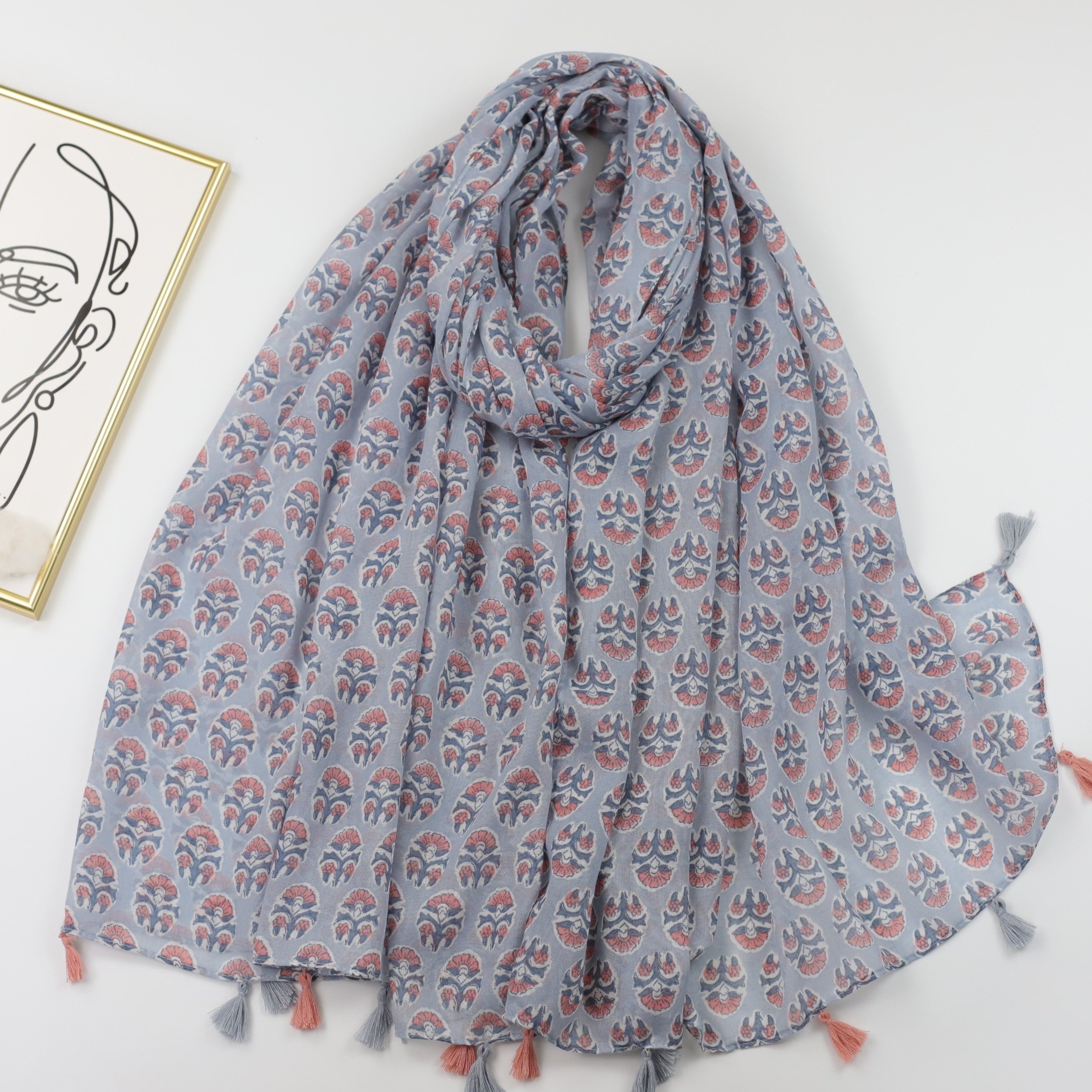 Vintage Floral Print Scarf Boho Tassel Shawl Classic Head Wrap