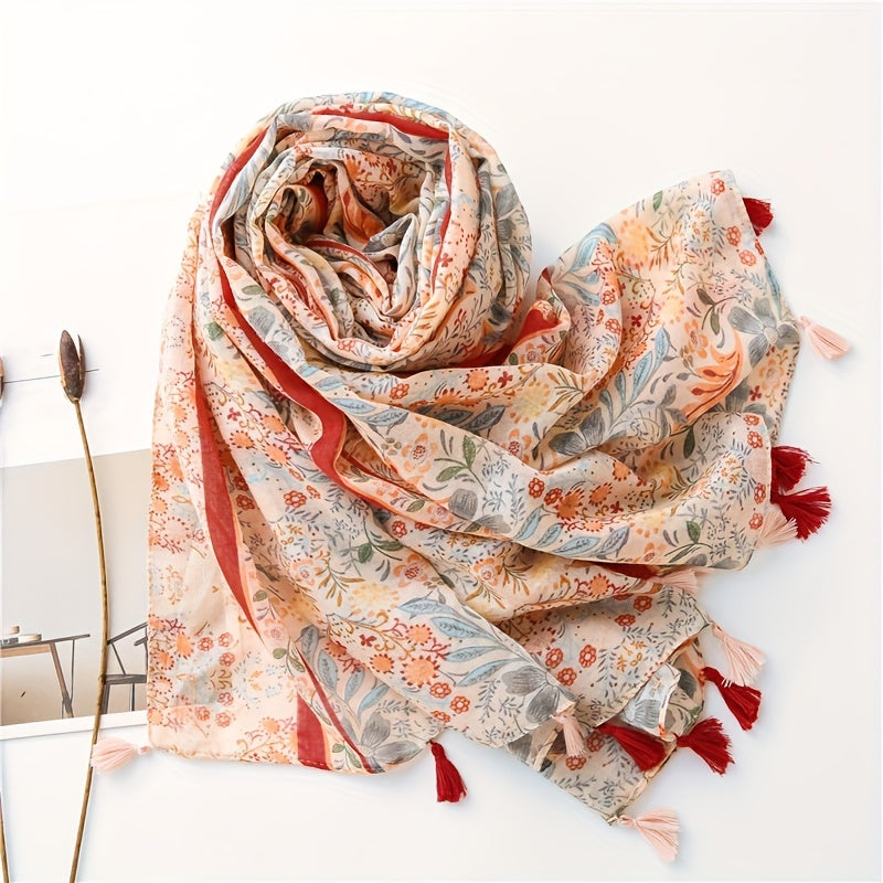 National Style Floral Fringed Scarf Lightweight Breathable Sunscreen Shawl