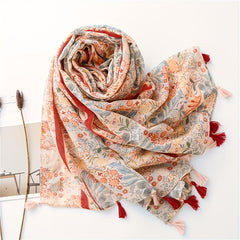 National Style Floral Fringed Scarf Lightweight Breathable Sunscreen Shawl