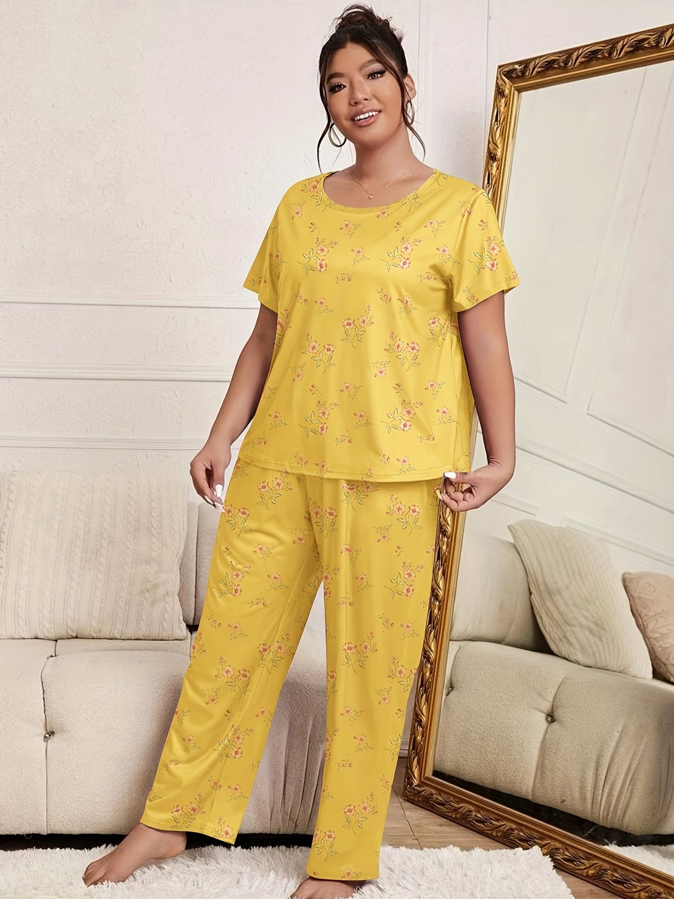  Floral Print Pajama Set Short Sleeve Top & Pants Two Piece Set