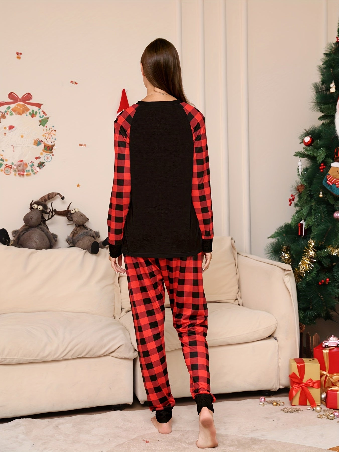 Plaid Xmas Pajama Set Long Sleeve Top & Pants Sleepwear