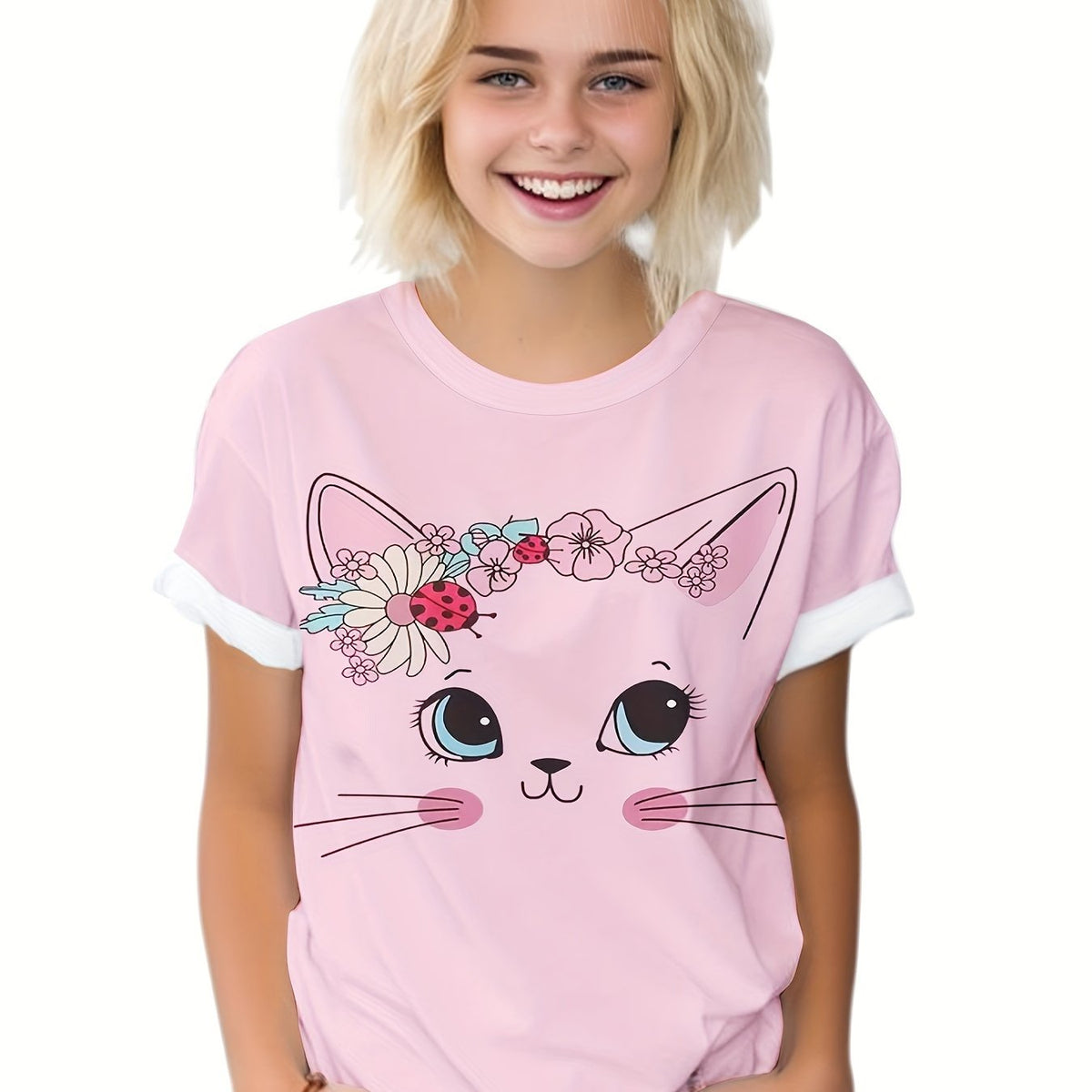 Kids Flower Kitty Graphic Short Sleeve T-shirt for Summer