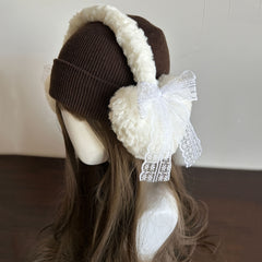 Japanese Style Winter Ear Muffs Fluffy Bow & Lace Trim Ear Warmers