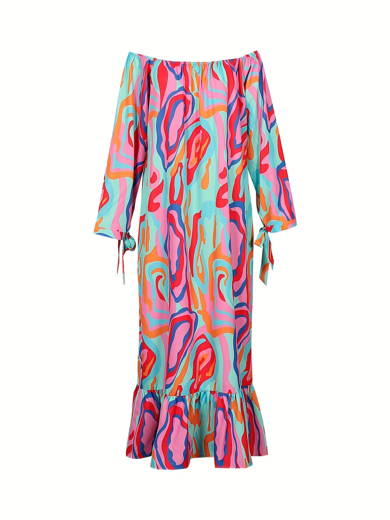  Allover Print Tie Long Sleeve Off Shoulder Ruffle Trim Maxi Dress