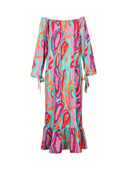 Allover Print Tie Long Sleeve Off Shoulder Ruffle Trim Maxi Dress