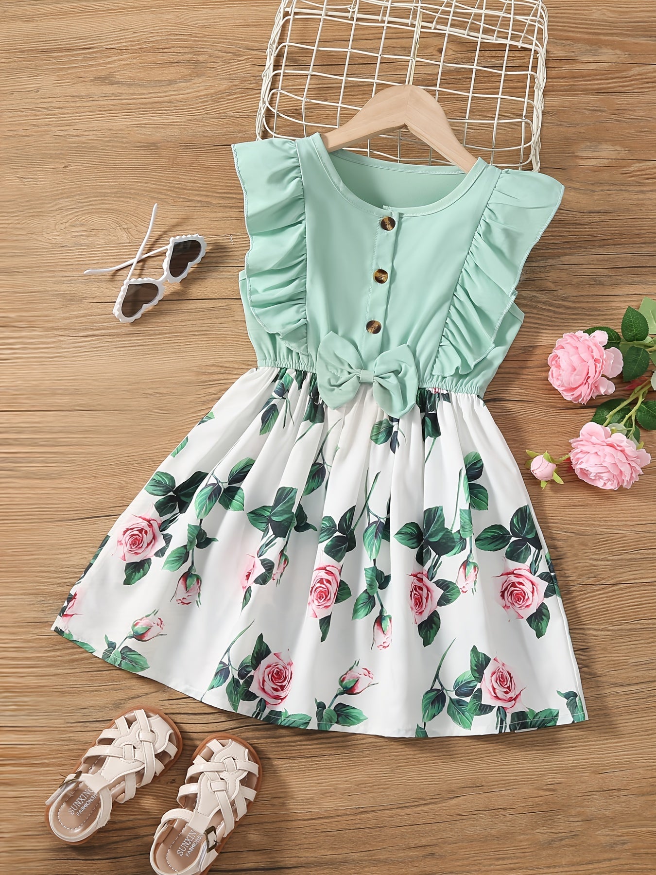 Girls Sleeveless Ruffles Crew Neck Button Flowers Print Bow Decor Princess Dress