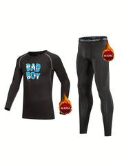 2pcs Kids Compression Fleece Sets Cartoon Letter Pattern Pullover Pants