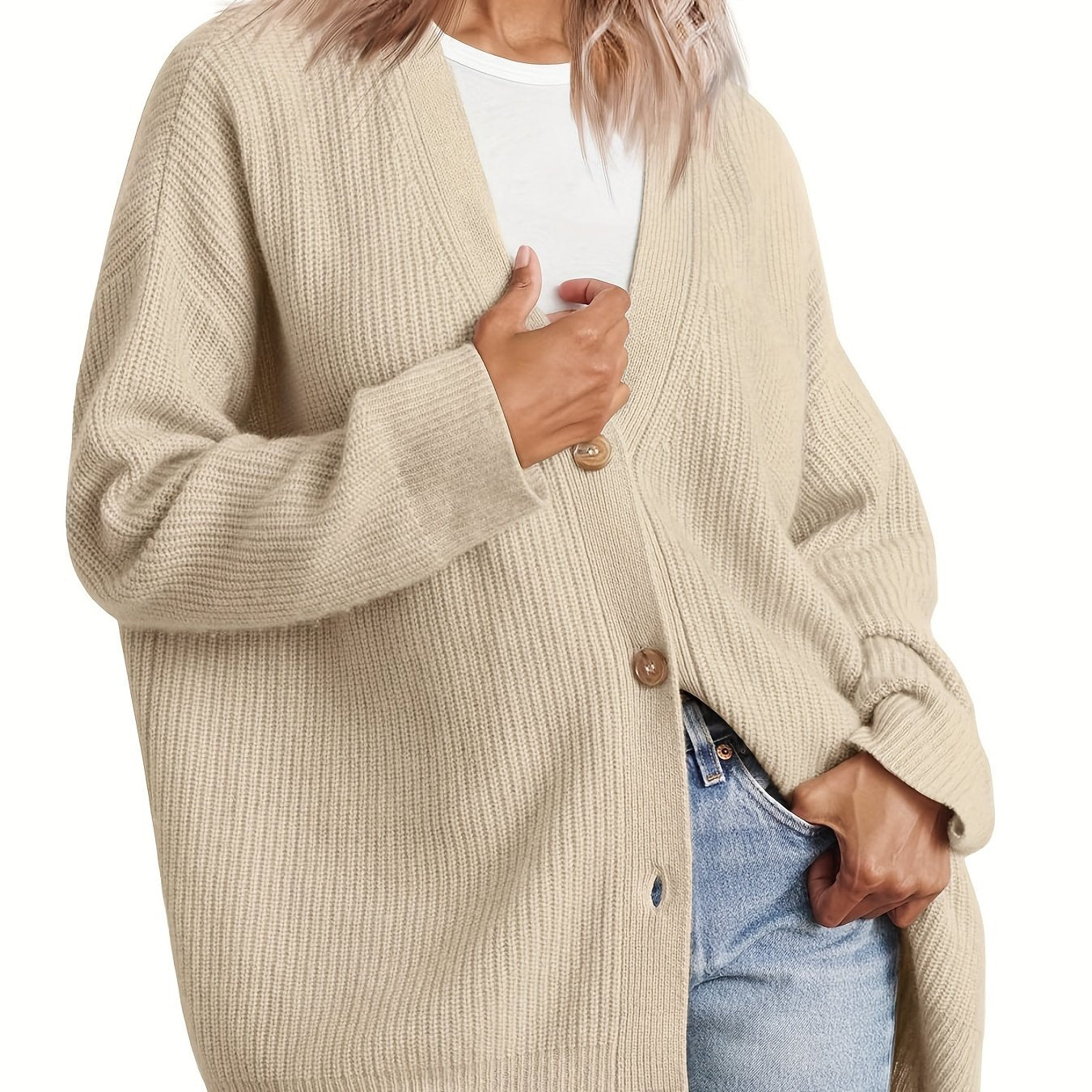  Solid Button Up Long Sleeve V Neck Cardigan