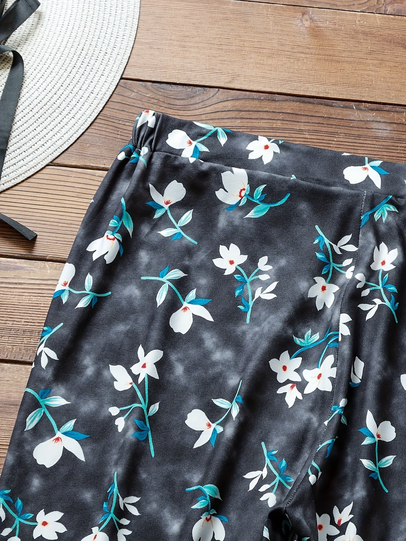  Floral Print Stretch Elastic Pants