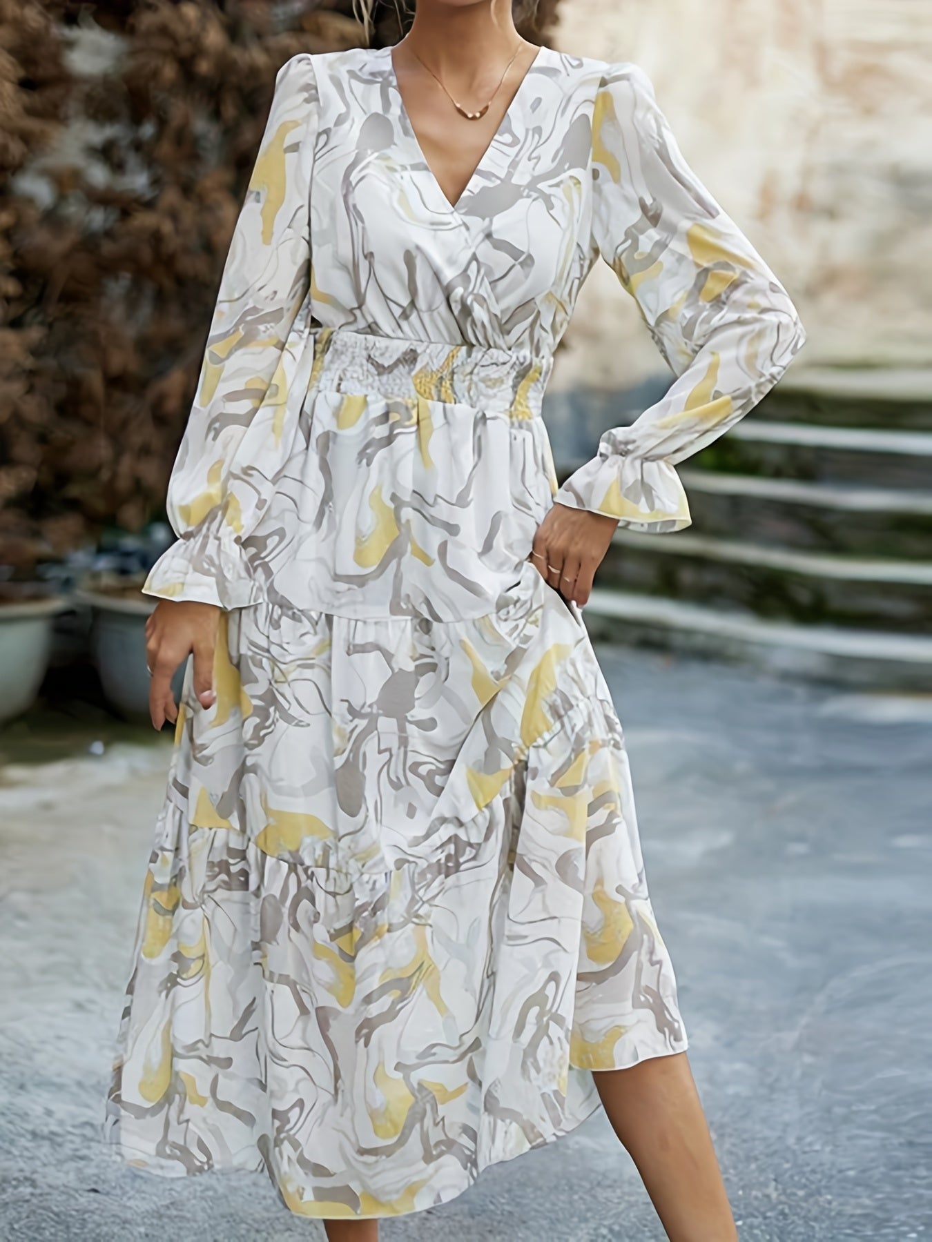Women's Plus Marble Print Maxi Dress with Flounce Sleeves